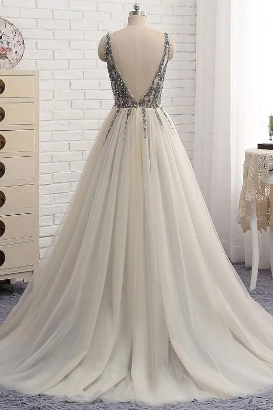 A-line Deep-V Sweep Train Chiffon Sequin Ivory Prom Dresses ASD26797