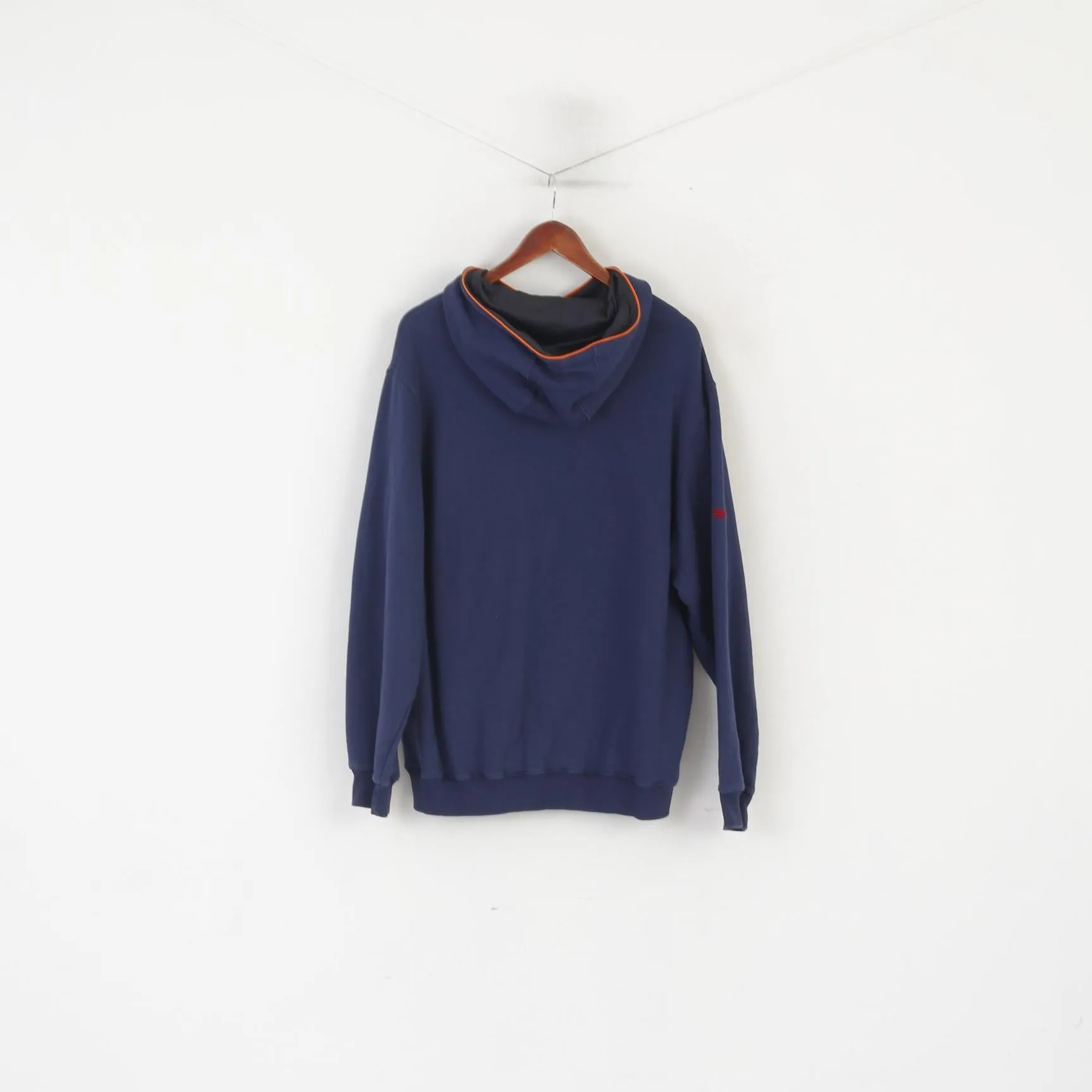 Adidas Men L 192 Sweatshirt Navy Vintage Cotton Hooded Kangaroo Pocket Top