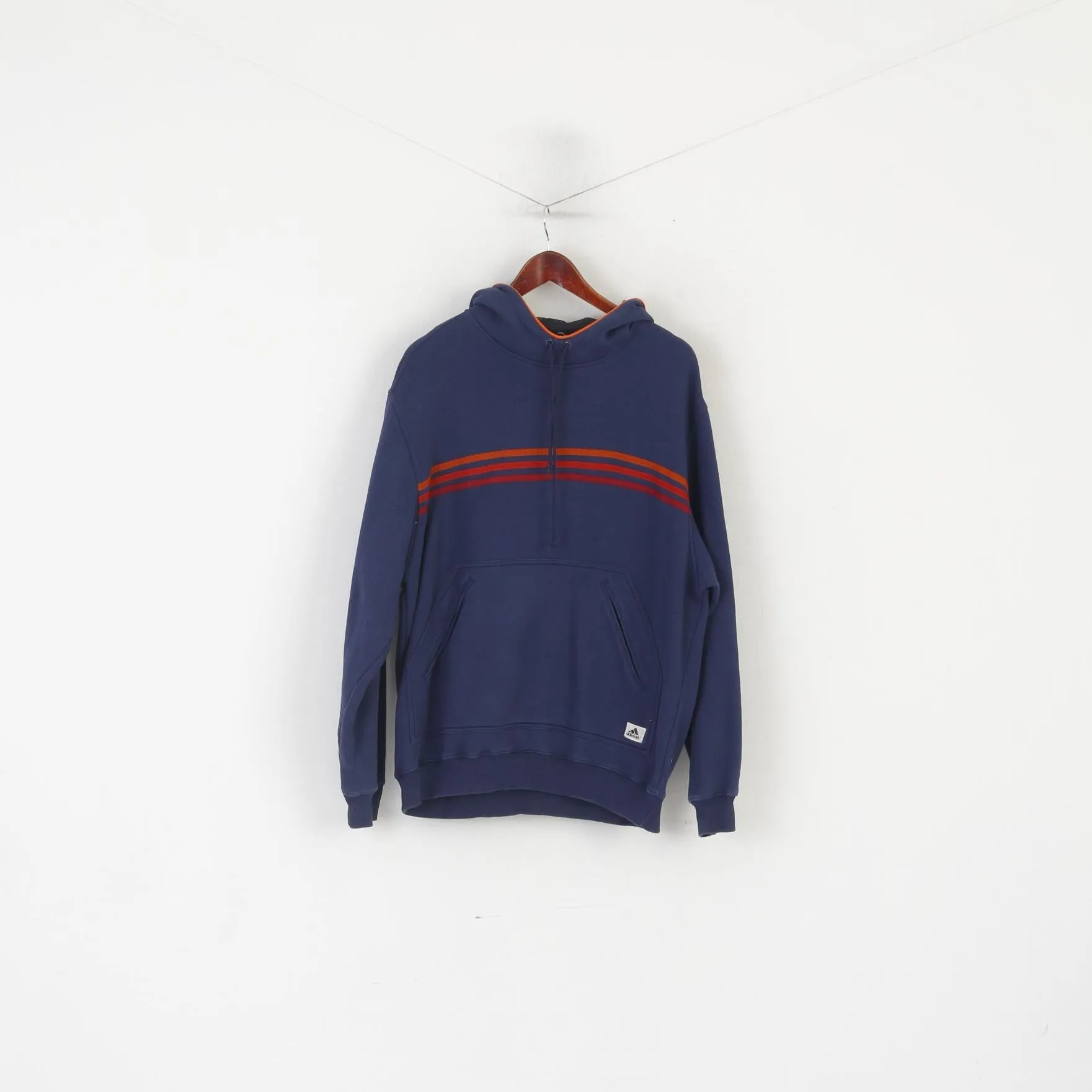 Adidas Men L 192 Sweatshirt Navy Vintage Cotton Hooded Kangaroo Pocket Top