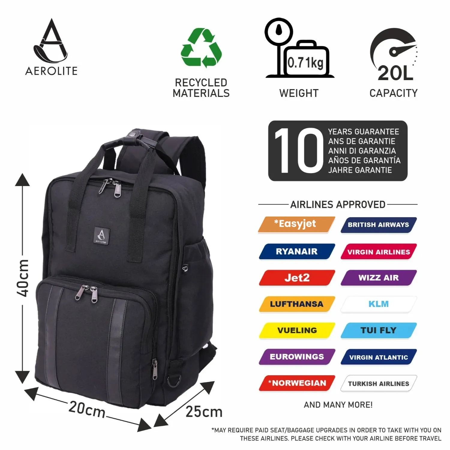 Aerolite 40x20x25cm Ryanair Maximum Premium Eco-Friendly Backpack With Removable Small Carry Pouch, Shower-Resistant Cabin Rucksack with 10 Years Brand Warranty   Luggage Scale   TSA Lock