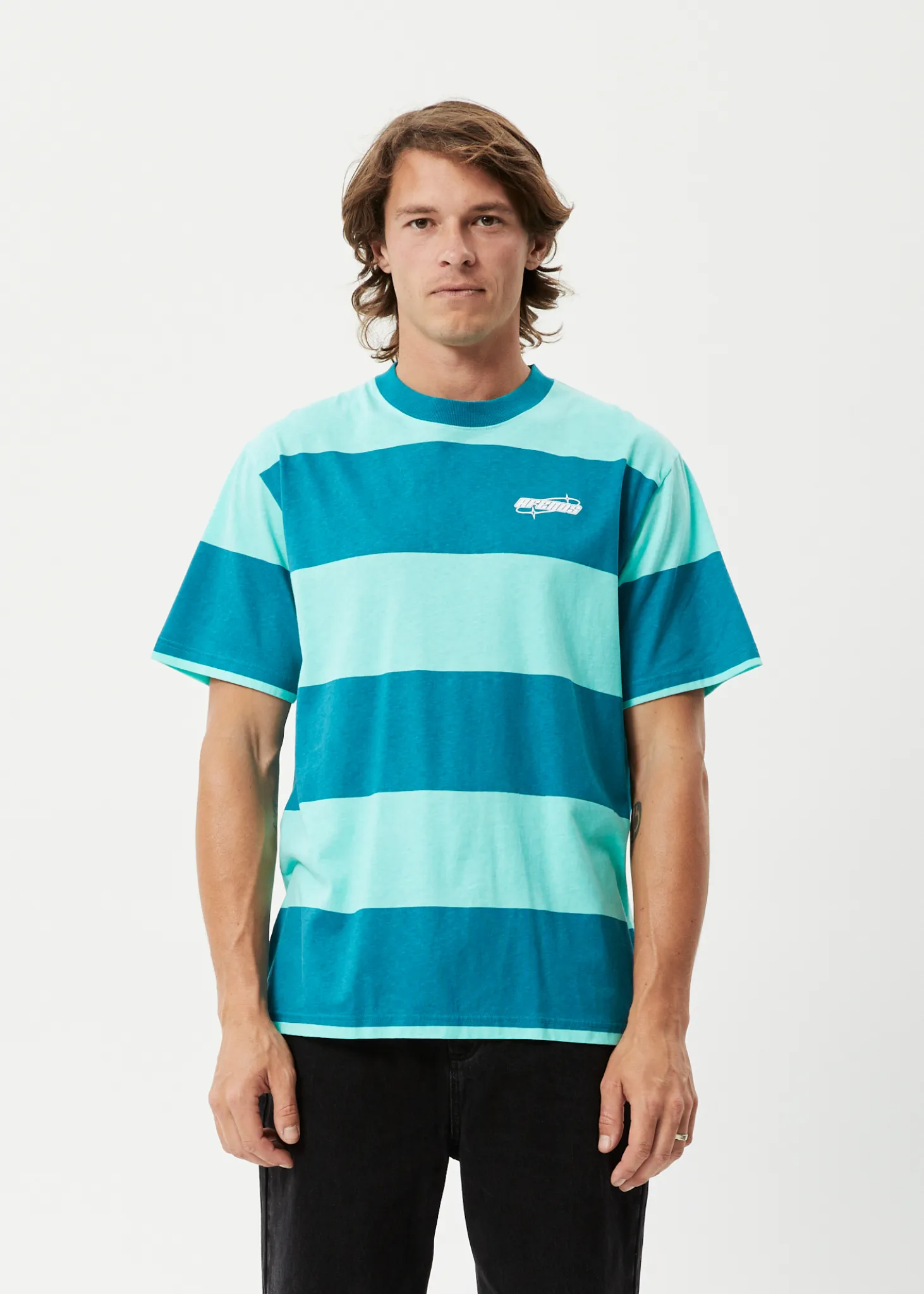 AFENDS Mens Continual - Retro Graphic Logo T-Shirt - Jade Stripe