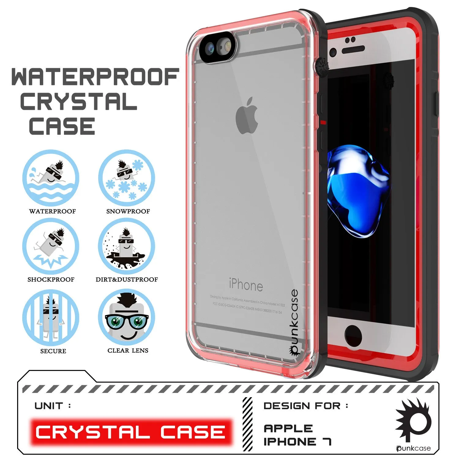 Apple iPhone 7 Waterproof Case, PUNKcase CRYSTAL Red W/ Attached Screen Protector  | Warranty