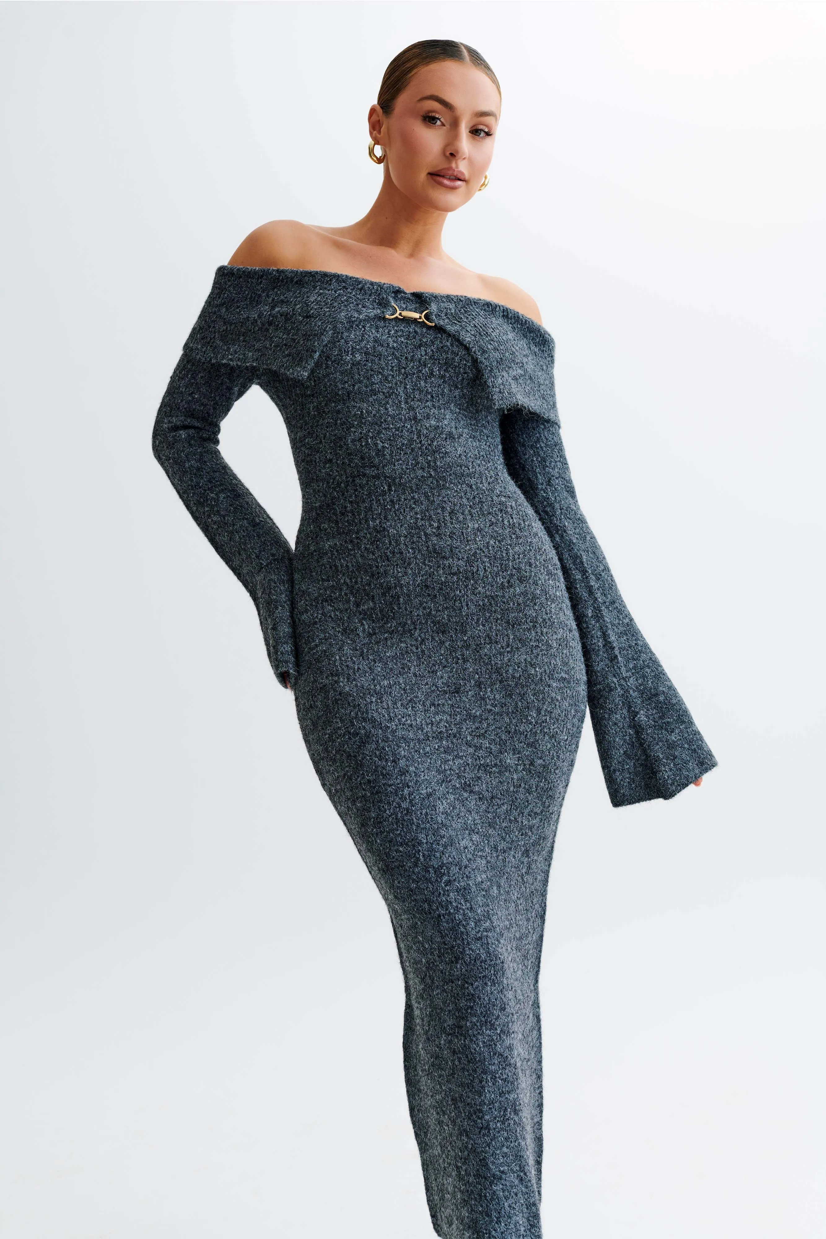 Baxter Off Shoulder Fluffy Knit Midi Dress - Charcoal