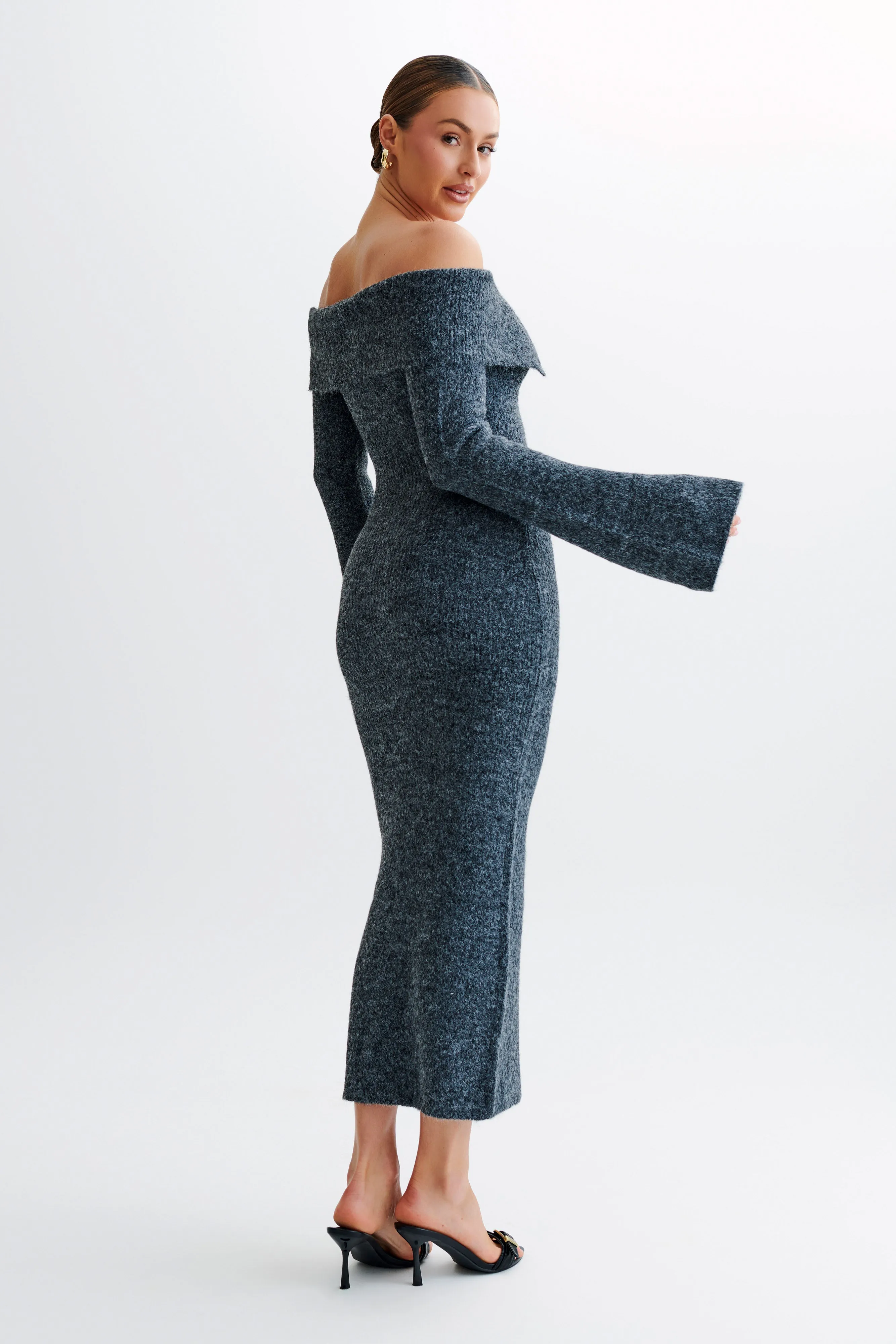 Baxter Off Shoulder Fluffy Knit Midi Dress - Charcoal