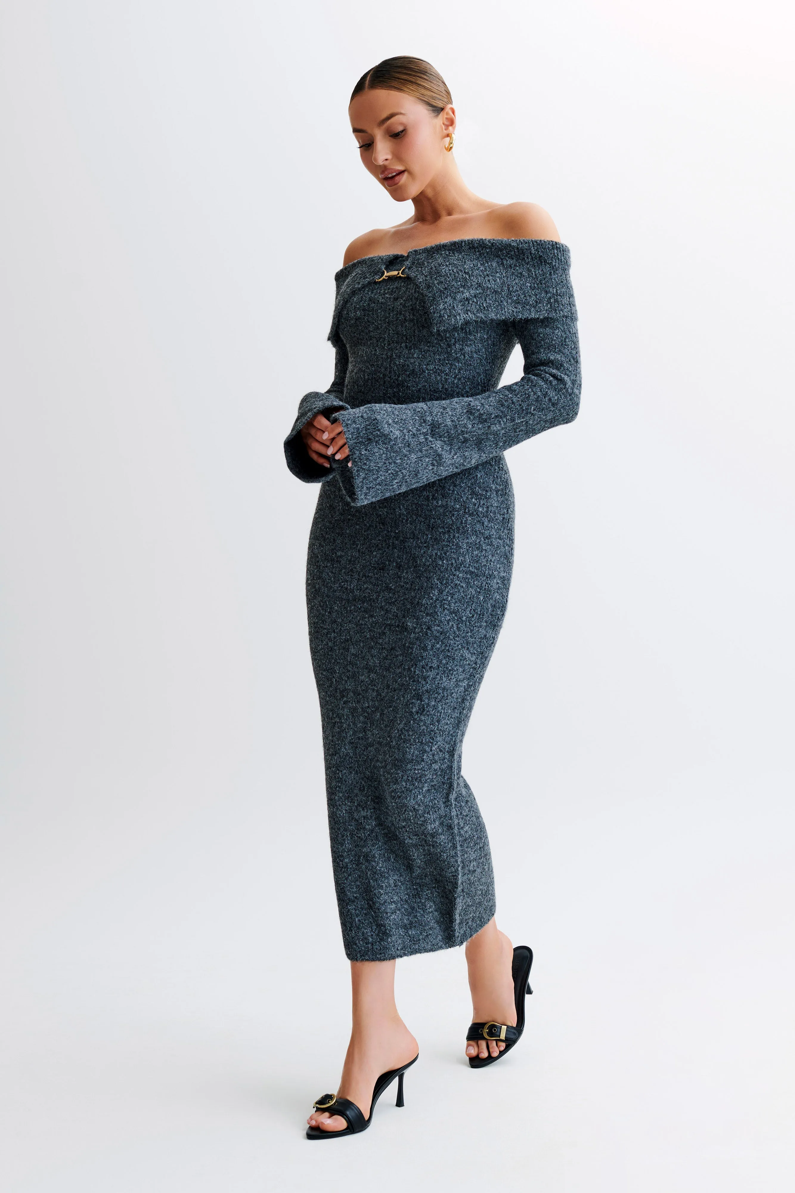 Baxter Off Shoulder Fluffy Knit Midi Dress - Charcoal