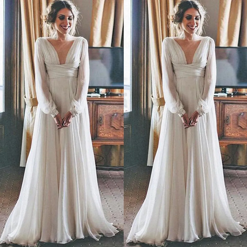 beach chiffon wedding dresses for bride 2020 elegant a line long sleeve cheap bridal dresses 2021