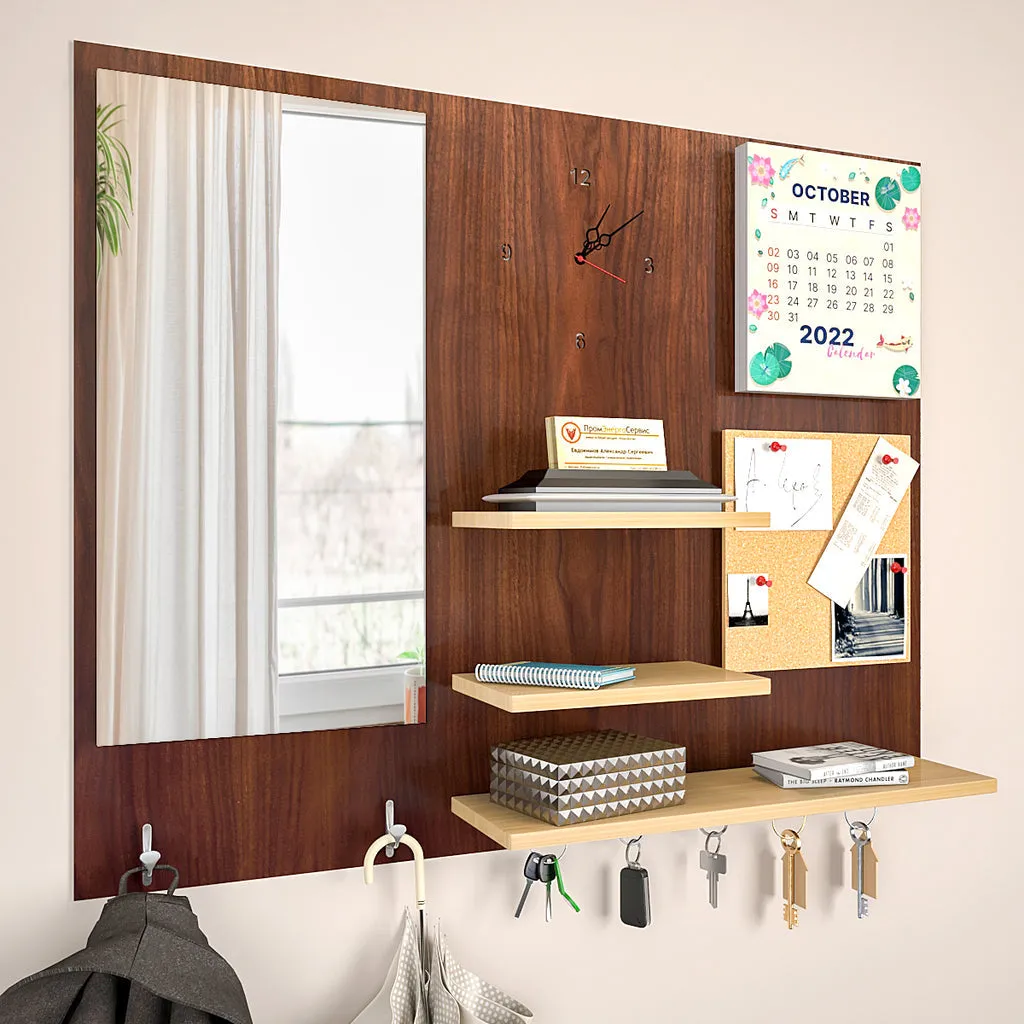 Beautiful (7 In One)' Wooden Wall Organiser with Mirror, Clock, Clipboard, Calendar and Hangers