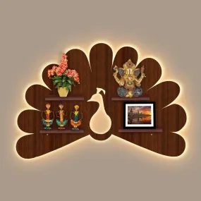 Beautiful Peacock Shape Wooden LED Light Wall Shelf with Walnut Finish