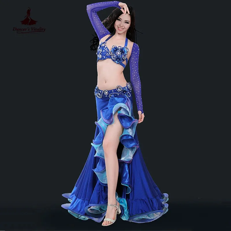 Belly dance clothing women luxury belly dance suit bra shoulder belt skirt 4pcs belly dance clothes suit performance suit S M L