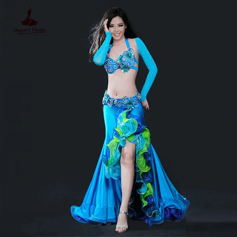 Belly dance clothing women luxury belly dance suit bra shoulder belt skirt 4pcs belly dance clothes suit performance suit S M L