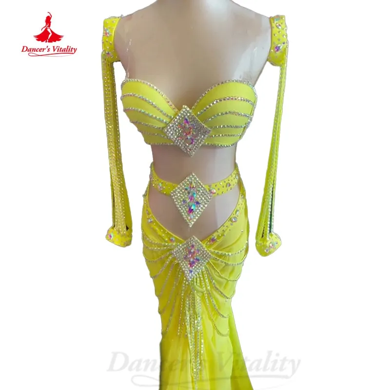 Belly Dancer Costume Suit Women Customsized Senior AB Stones Bra sleeves Fishtail Skirt 3pcs Girl's Oriental belly Dancing Suit