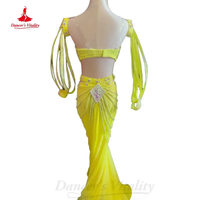 Belly Dancer Costume Suit Women Customsized Senior AB Stones Bra sleeves Fishtail Skirt 3pcs Girl's Oriental belly Dancing Suit