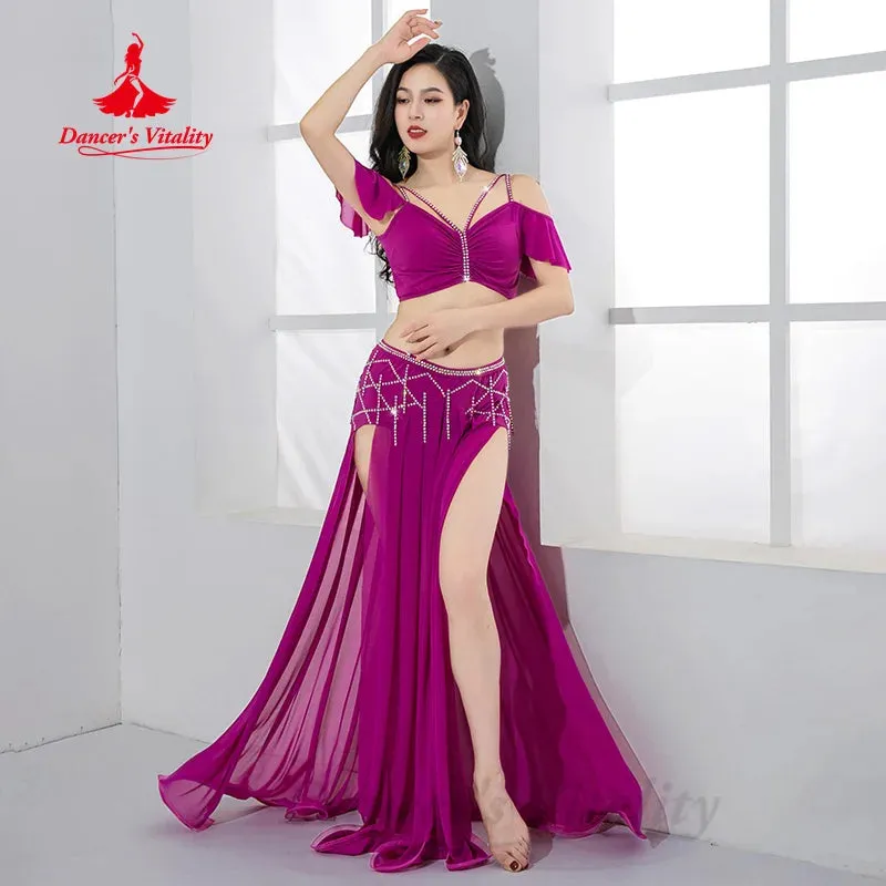 Belly Dancing Practice Set Women Customized Luxury AB Stones Top Sexy Split Long Skirt 2pcs Oriental Dance Performance Clothing