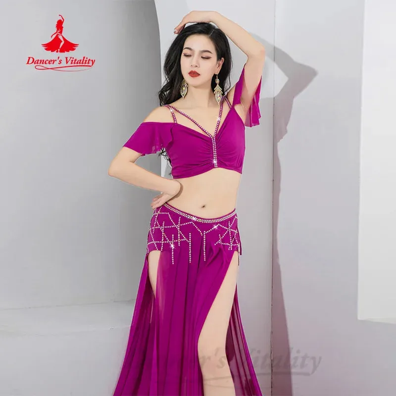 Belly Dancing Practice Set Women Customized Luxury AB Stones Top Sexy Split Long Skirt 2pcs Oriental Dance Performance Clothing