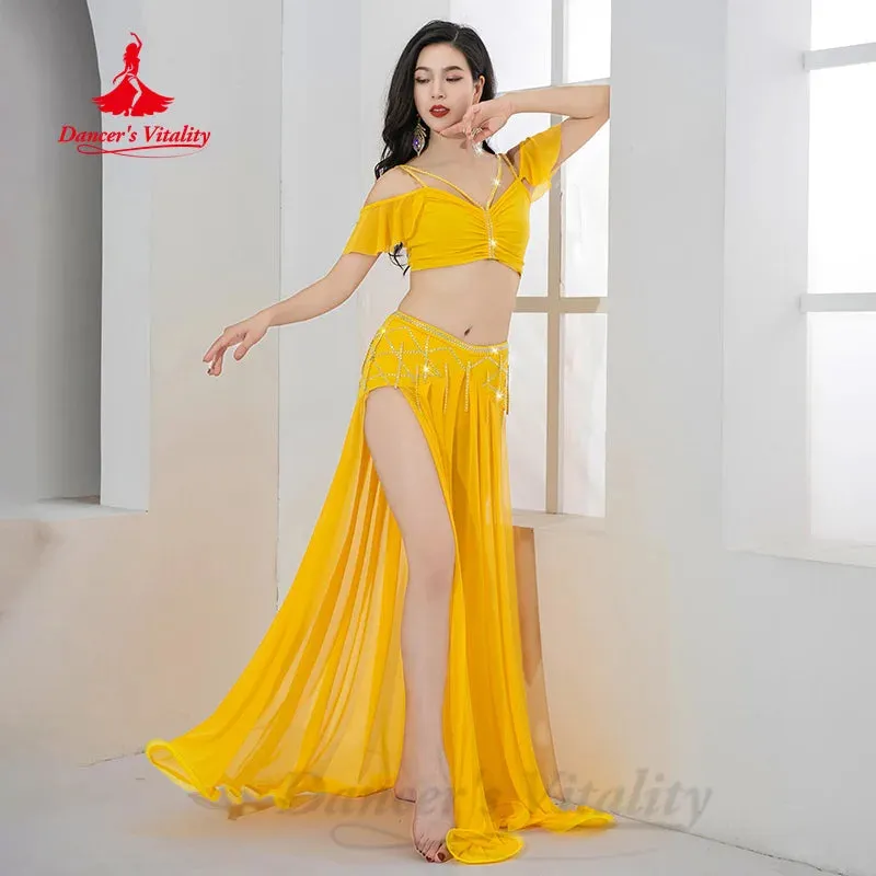 Belly Dancing Practice Set Women Customized Luxury AB Stones Top Sexy Split Long Skirt 2pcs Oriental Dance Performance Clothing