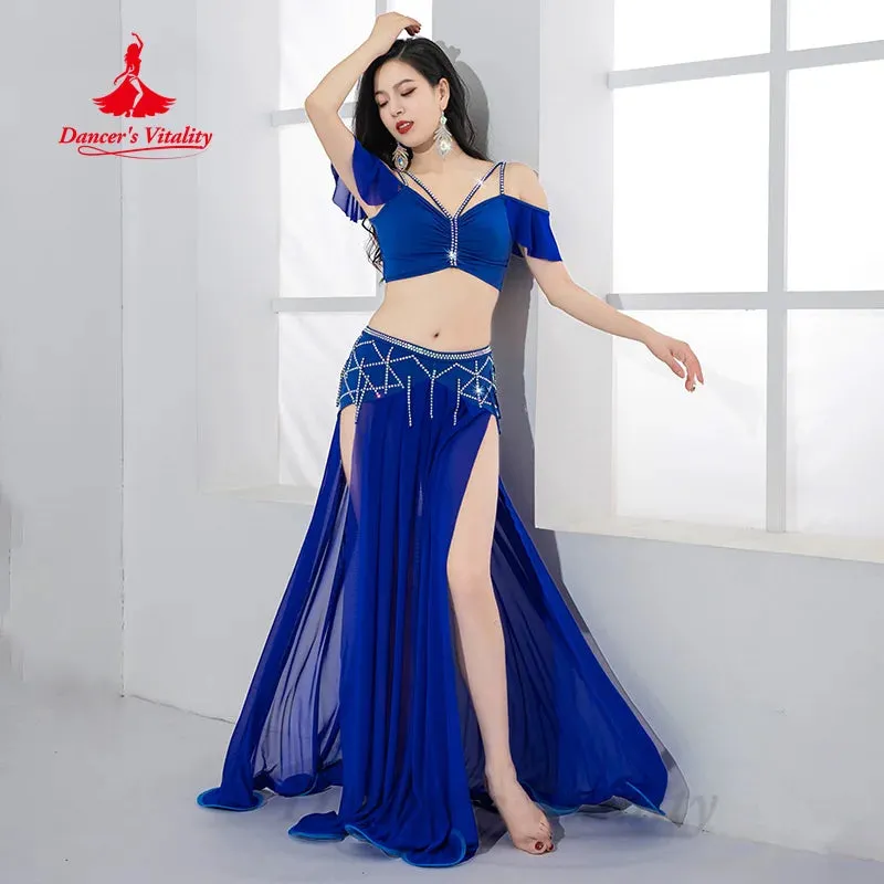 Belly Dancing Practice Set Women Customized Luxury AB Stones Top Sexy Split Long Skirt 2pcs Oriental Dance Performance Clothing