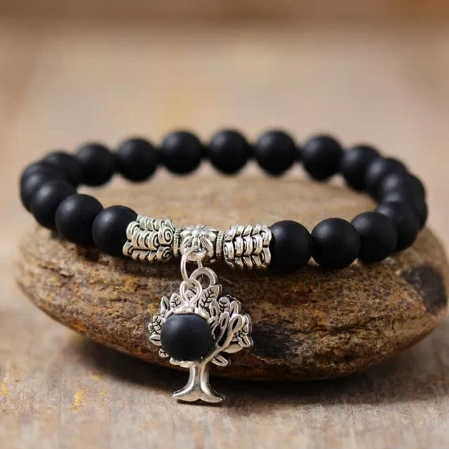 Black Onyx Stretchy Bracelet w/ Tree of Life Charm