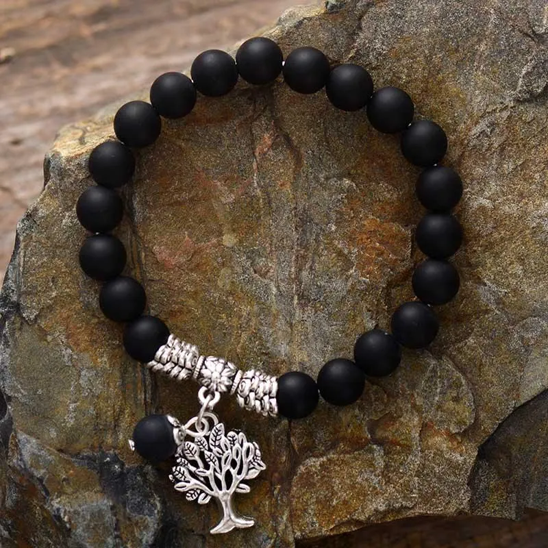 Black Onyx Stretchy Bracelet w/ Tree of Life Charm