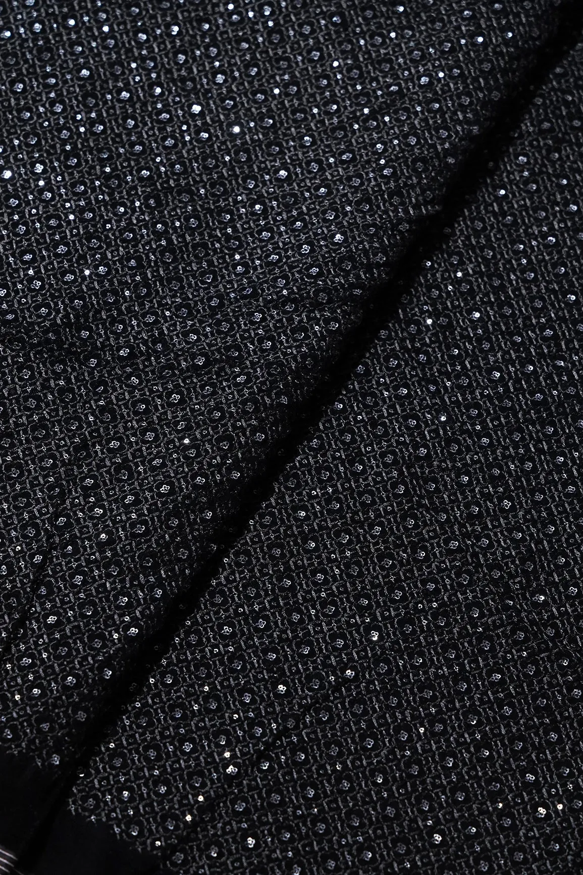 Black Thread With Sequins Small Checks Embroidery Work On Black Velvet Fabric