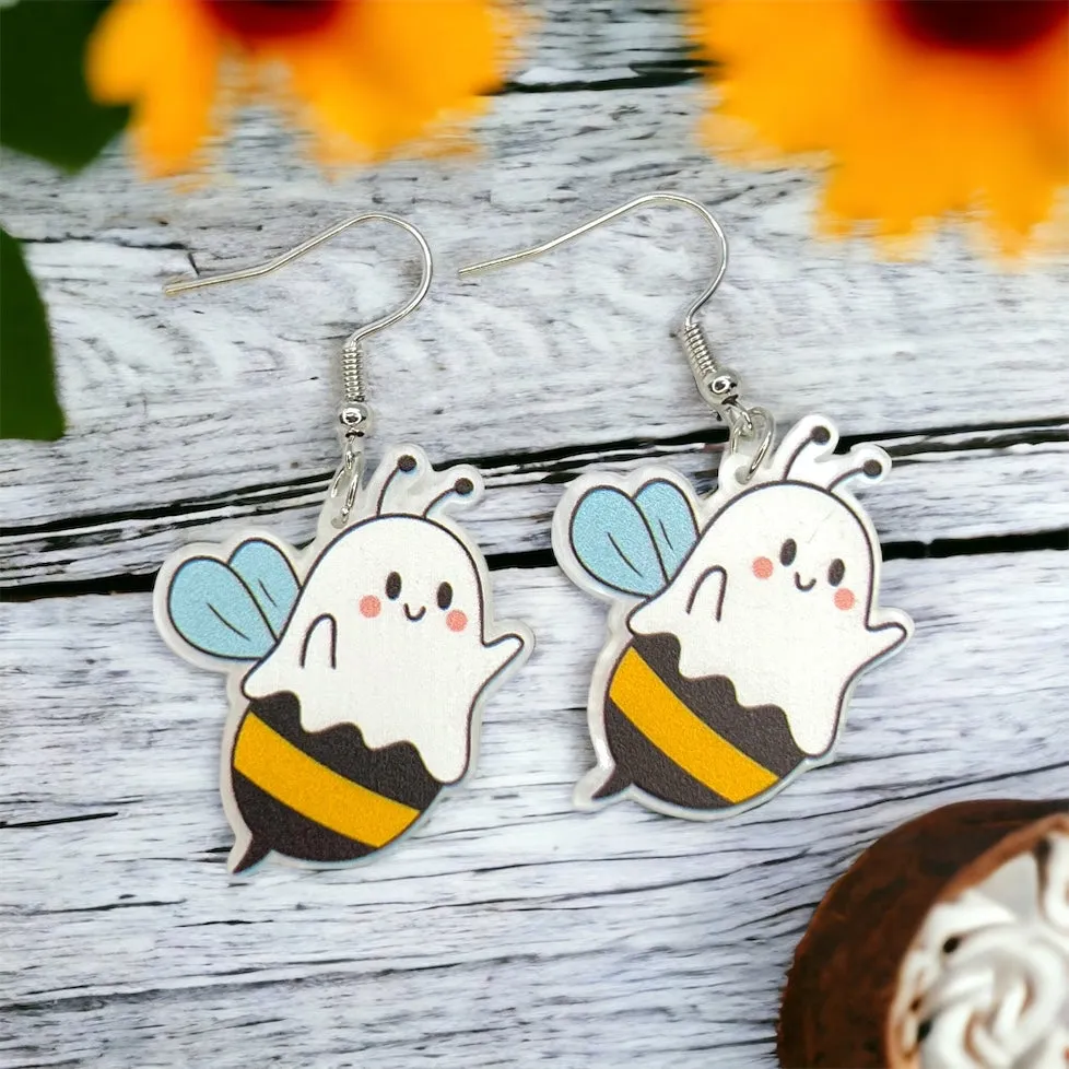 Boo Bees Earrings - Bee Earrings, Halloween Accessories , Ghost Earrings, Halloween Costume, Bumblebee Earrings, Funny Earrings