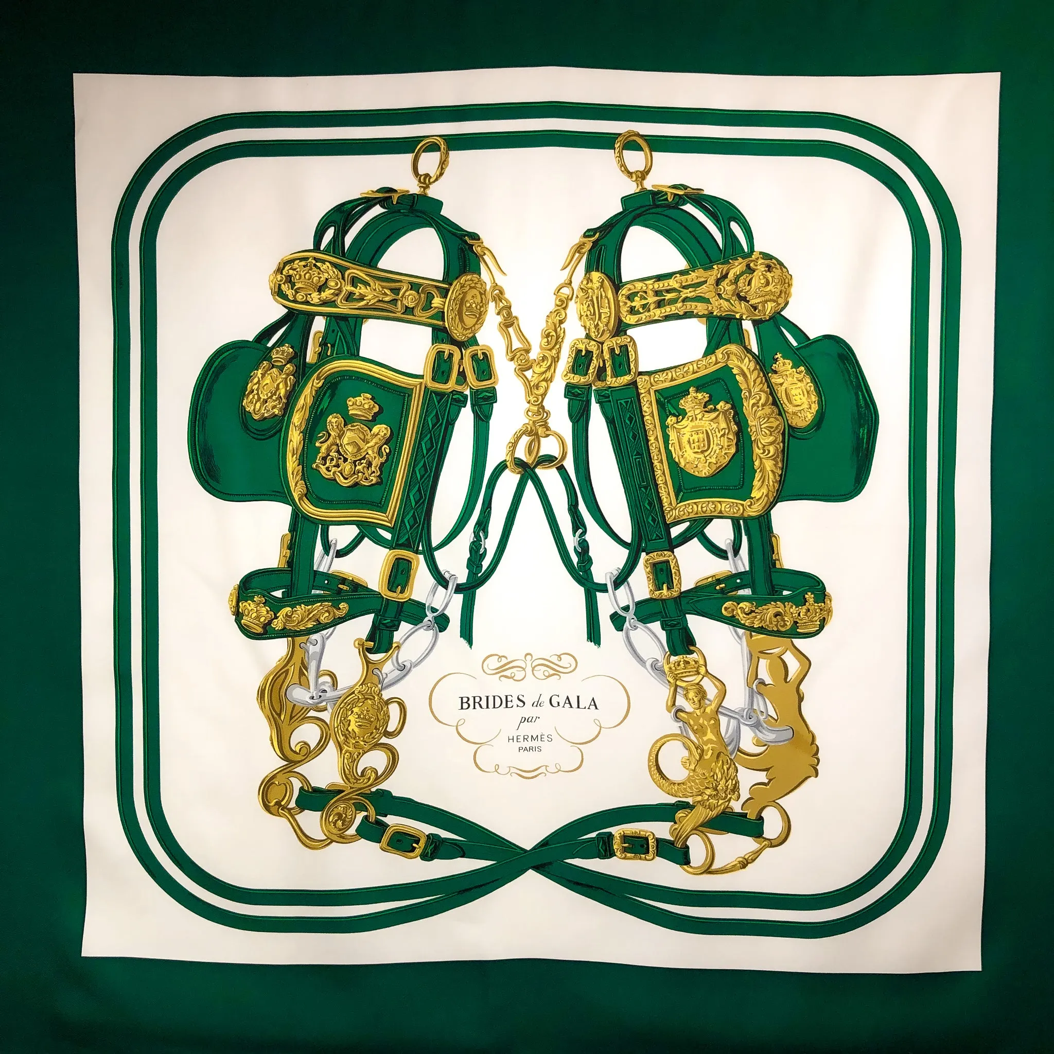 Brides de Gala Hermes Scarf by Hugo Grygkar 90 cm Silk Twill Forest Green & White