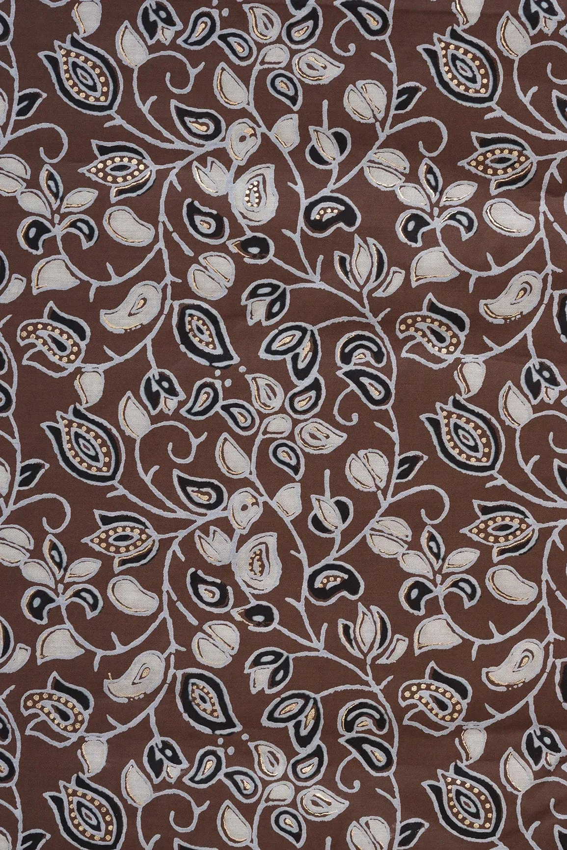 Brown And Light Grey Floral Pattern Foil Screen Print On Chanderi Silk Fabric