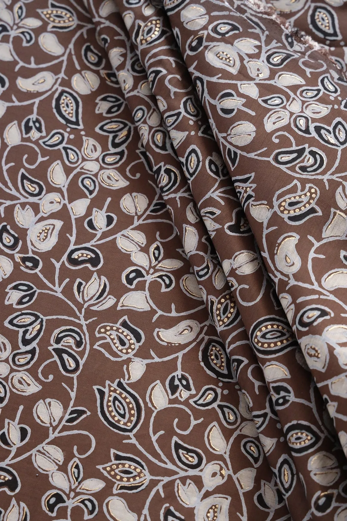 Brown And Light Grey Floral Pattern Foil Screen Print On Chanderi Silk Fabric