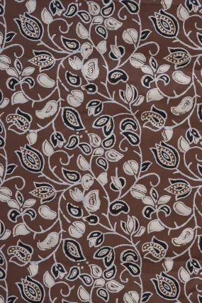 Brown And Light Grey Floral Pattern Foil Screen Print On Chanderi Silk Fabric