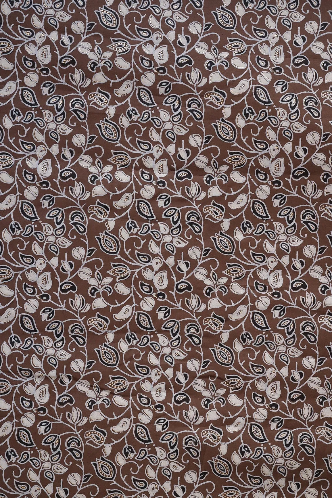 Brown And Light Grey Floral Pattern Foil Screen Print On Chanderi Silk Fabric