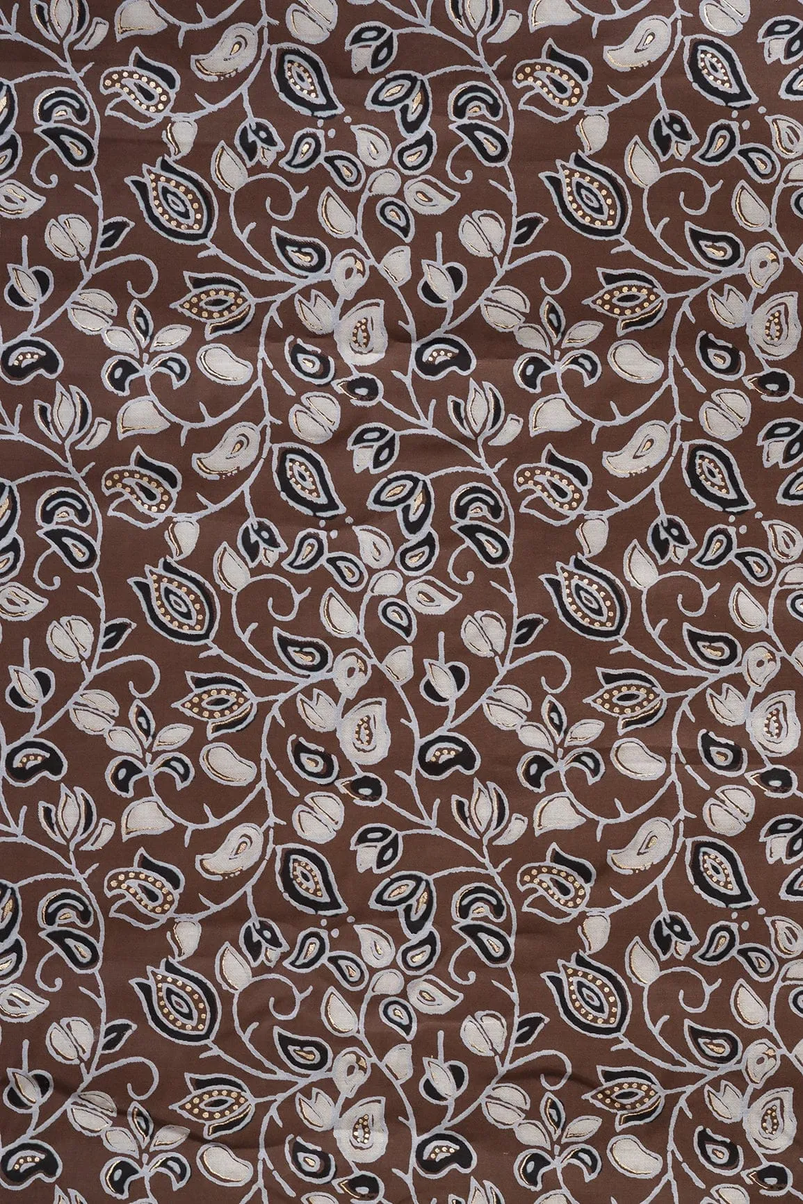 Brown And Light Grey Floral Pattern Foil Screen Print On Chanderi Silk Fabric