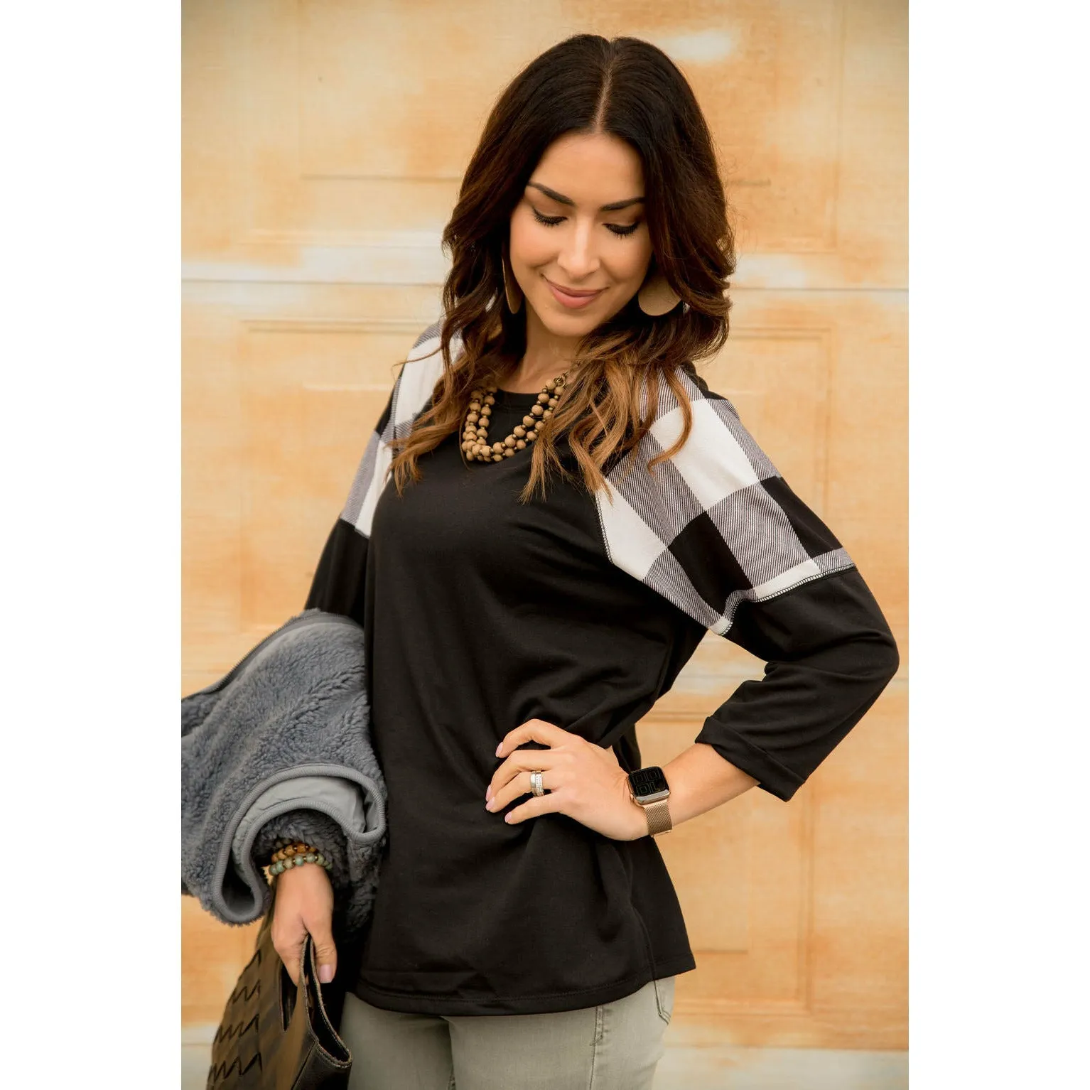 Buffalo Plaid Top 3/4 Sleeve Sweatshirt