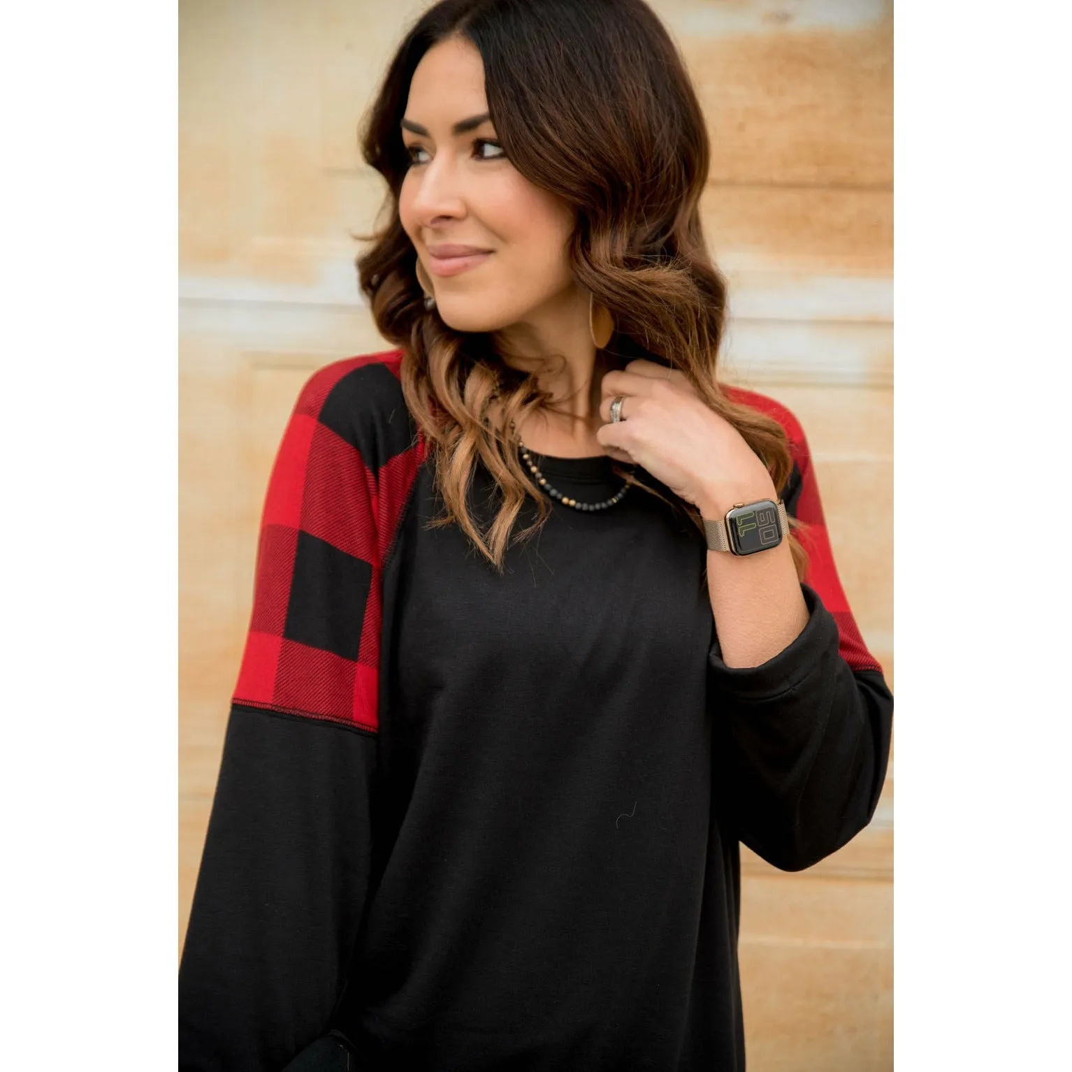 Buffalo Plaid Top 3/4 Sleeve Sweatshirt