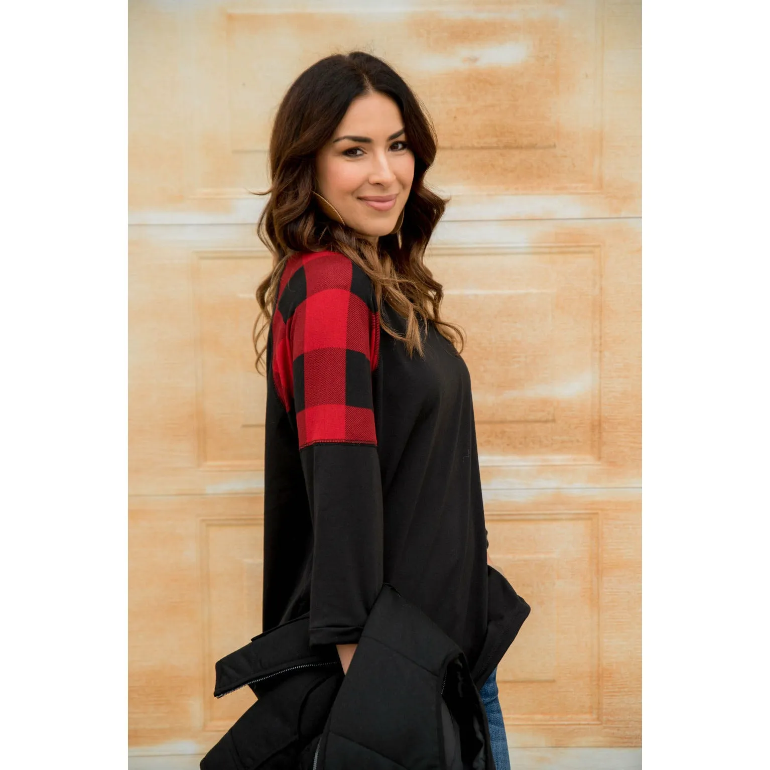 Buffalo Plaid Top 3/4 Sleeve Sweatshirt