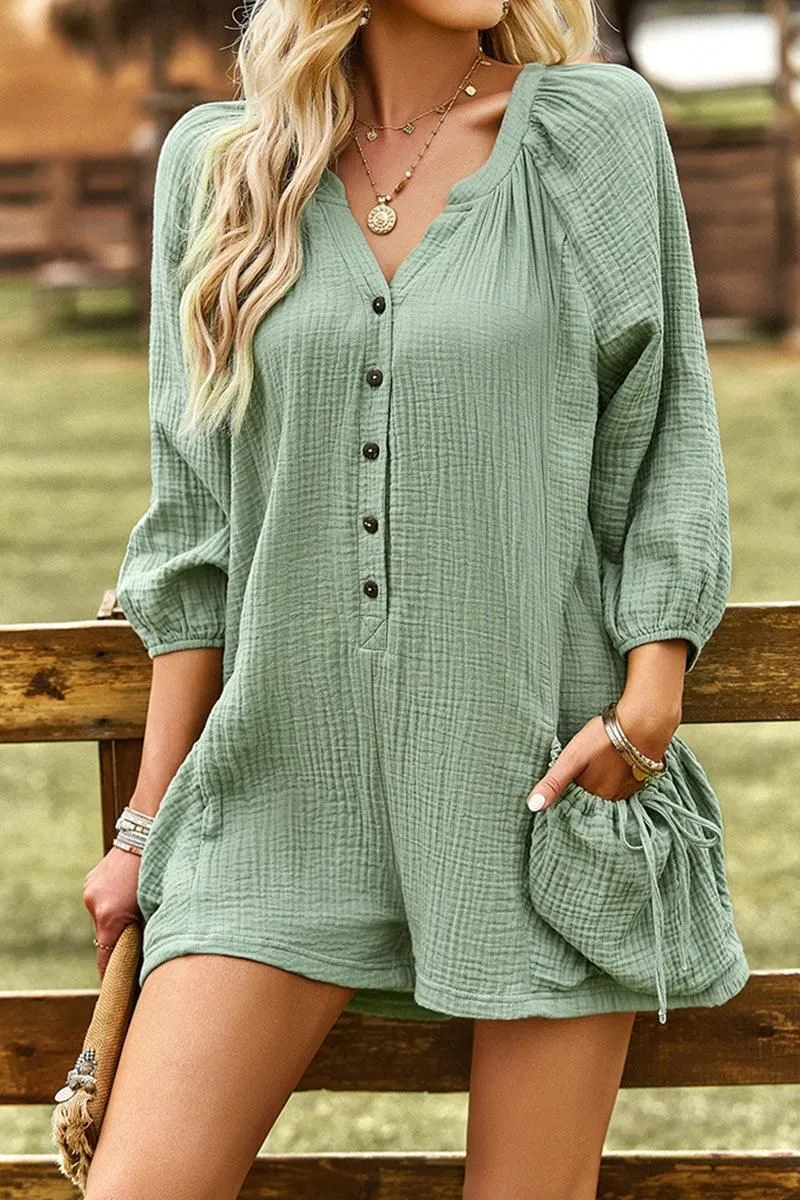 BUTTON UP DRAW STRING POCKET LONGSLEEVE JUMPSUIT