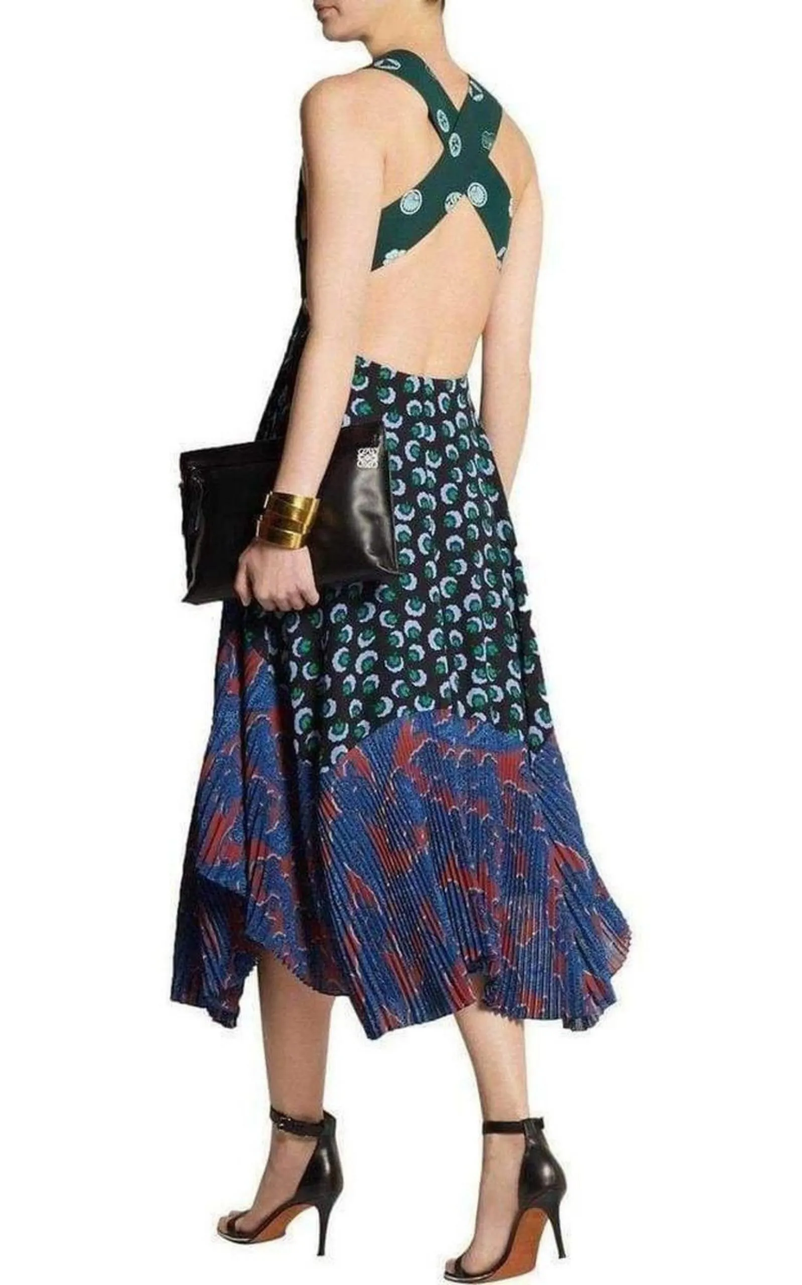 Caroline asymmetric printed silk and crepe dress