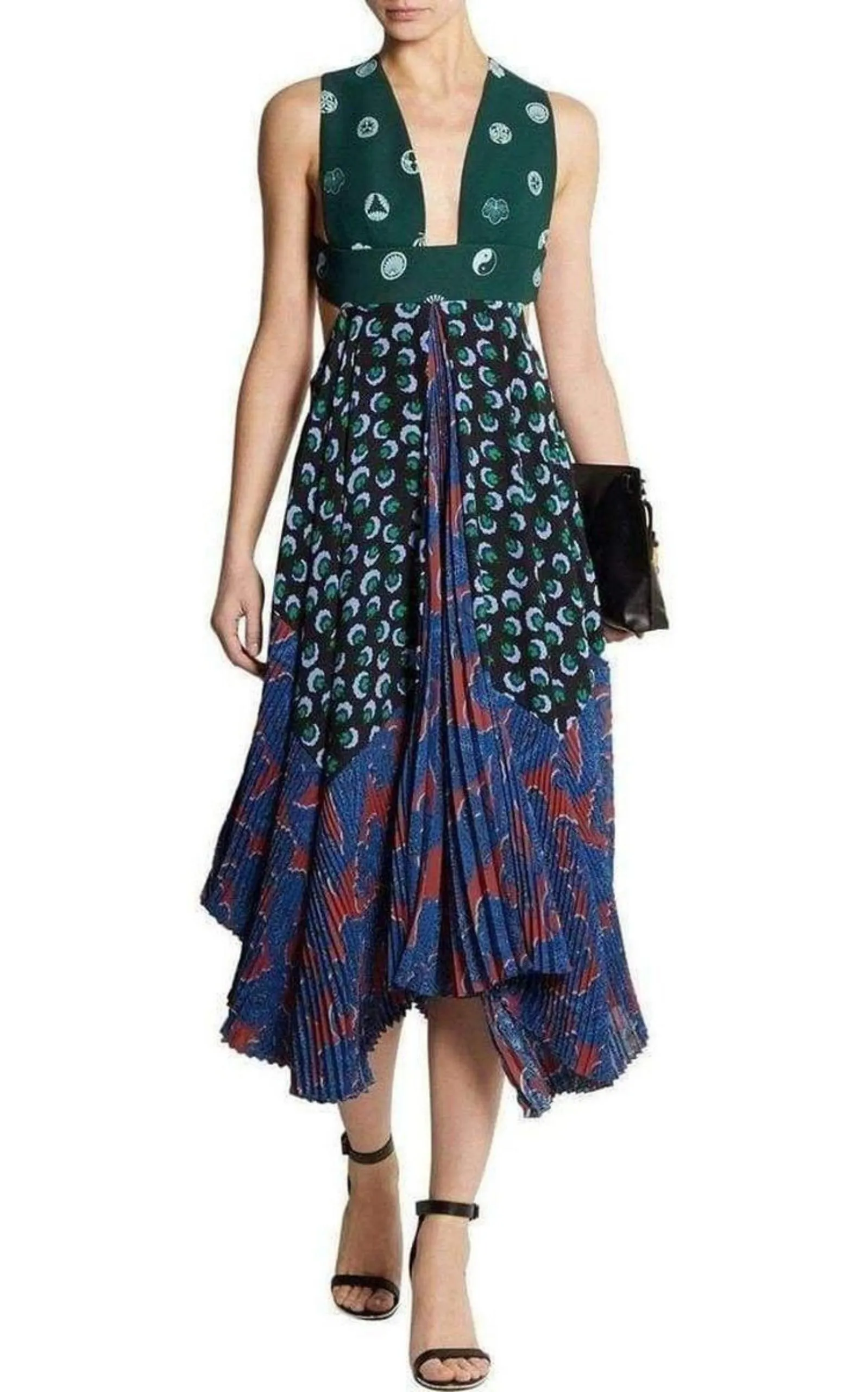 Caroline asymmetric printed silk and crepe dress