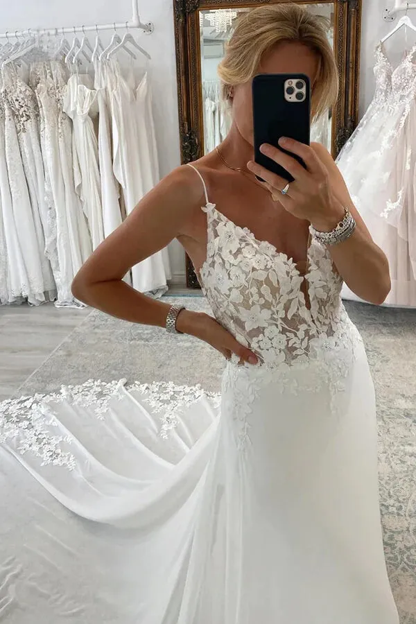 Chiffon A-line V-neck Spaghetti Straps Lace Appliques Wedding Dresses, SW669