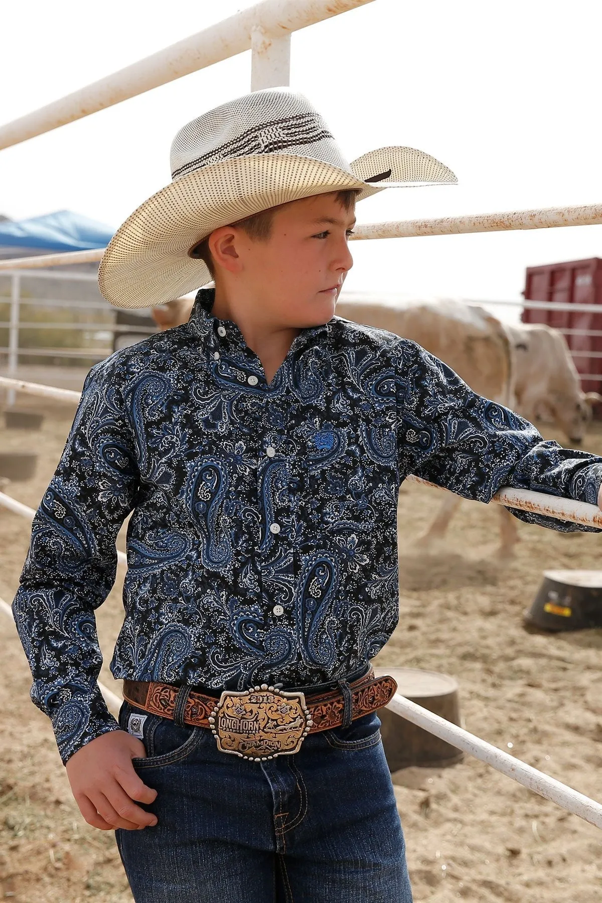 CINCH BOY'S MATCH DAD PAISLEY PRINT BUTTON-DOWN NAVY WESTERN SHIRT STYLE MTW7060305