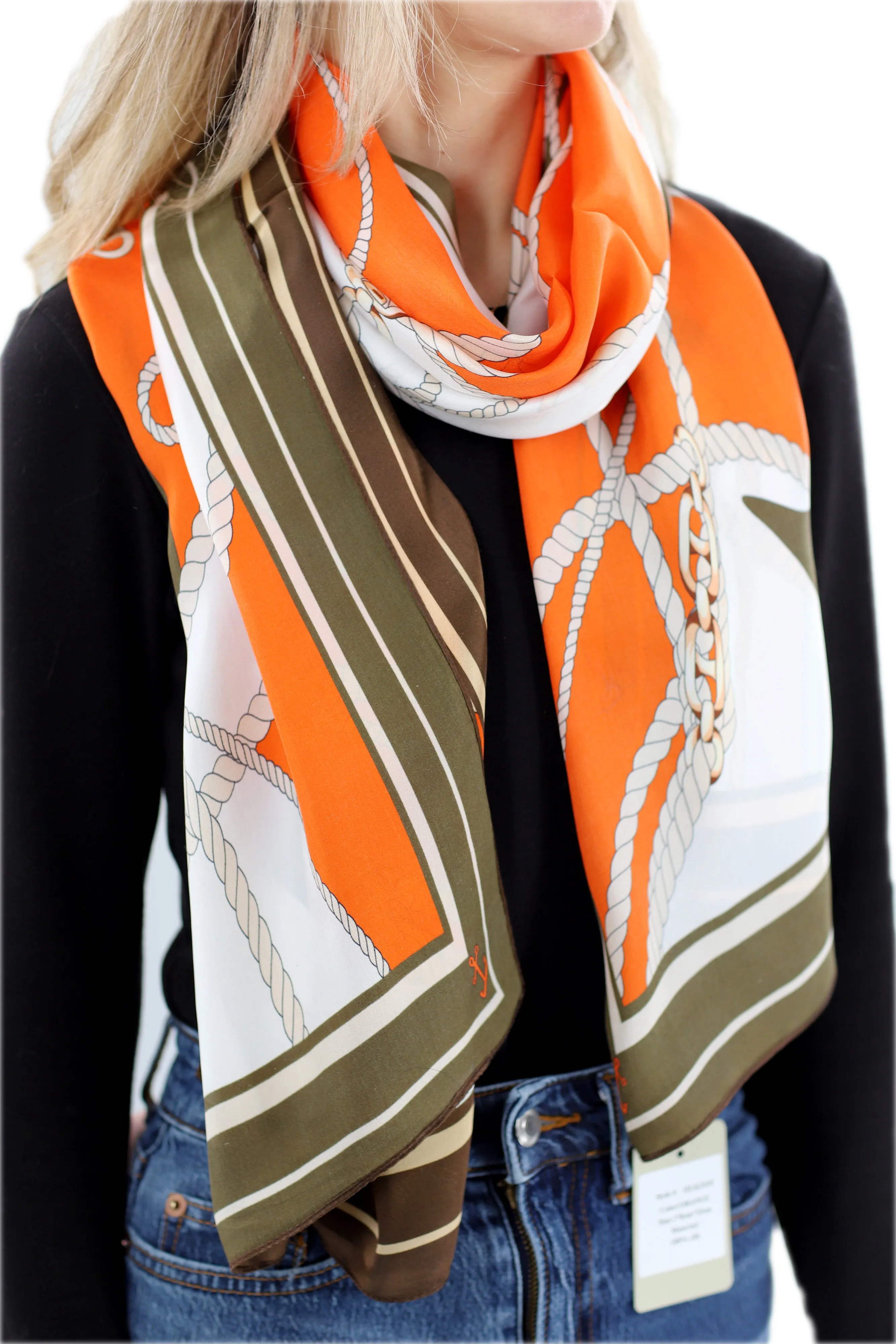 Classic 100% Silk Chain Print Scarf - Orange - (One Size 68x21.2in)