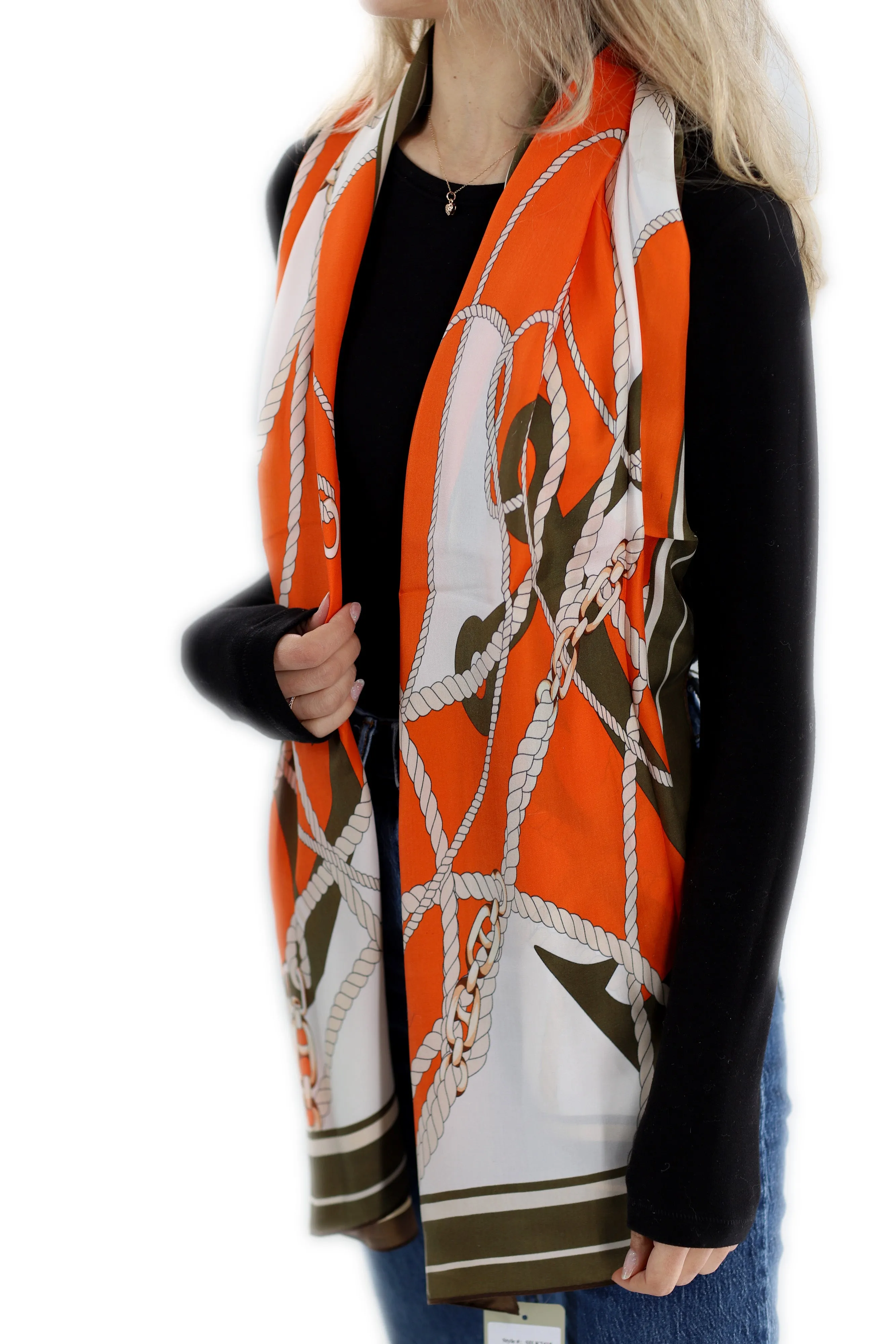 Classic 100% Silk Chain Print Scarf - Orange - (One Size 68x21.2in)