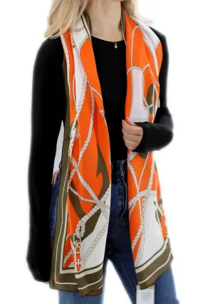 Classic 100% Silk Chain Print Scarf - Orange - (One Size 68x21.2in)