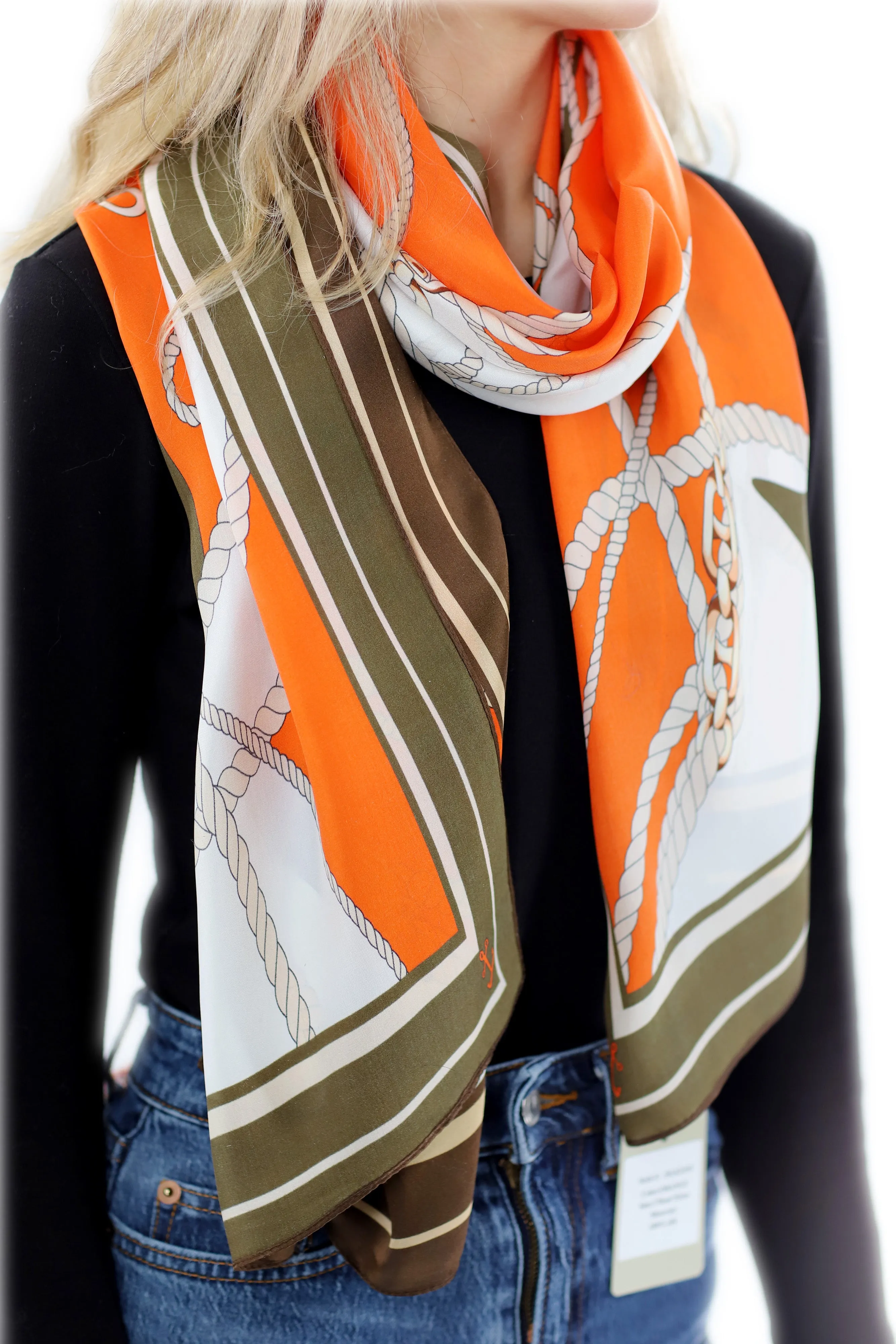 Classic 100% Silk Chain Print Scarf - Orange - (One Size 68x21.2in)