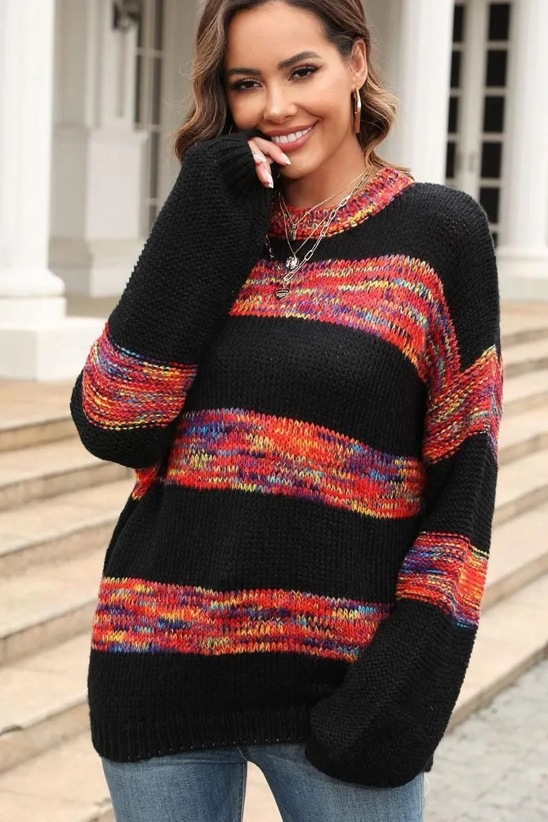 COLOR BLOCK OVERSIZED LOOSE FIT PULLOVER SWEATER