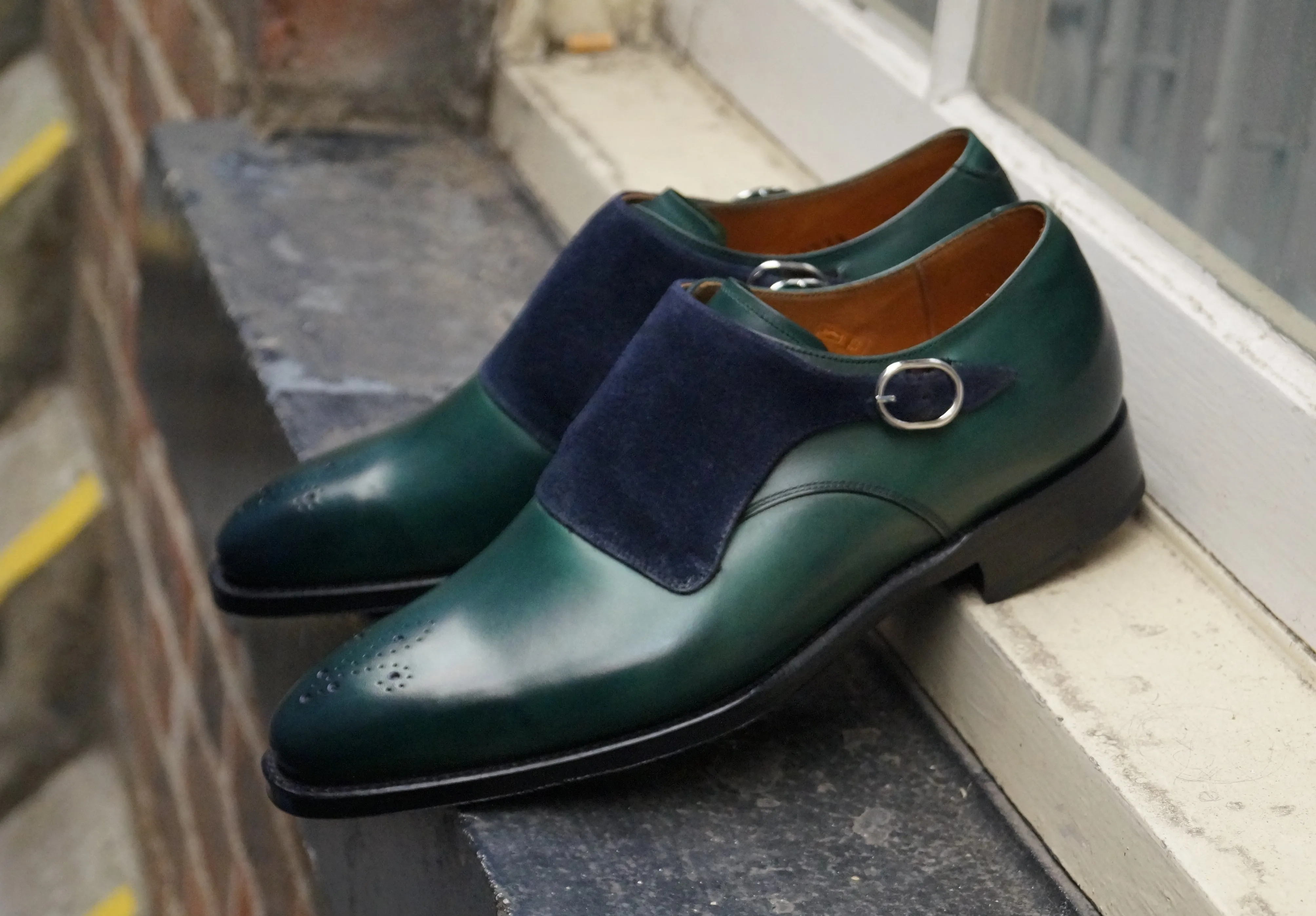 Corliss - MTO - Forest Green Calf / Navy Suede - Fleur de Lis Medallion - LPB Last - Single Leather Sole