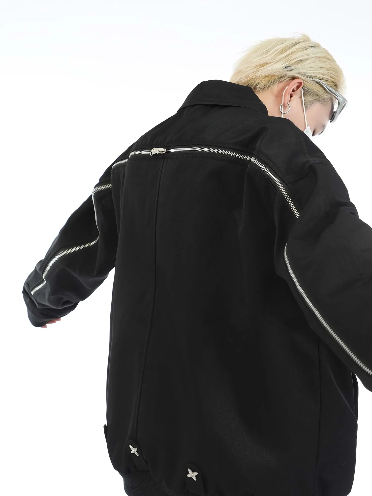 Double Star Pocket Zip Oversized Bomber Jacket