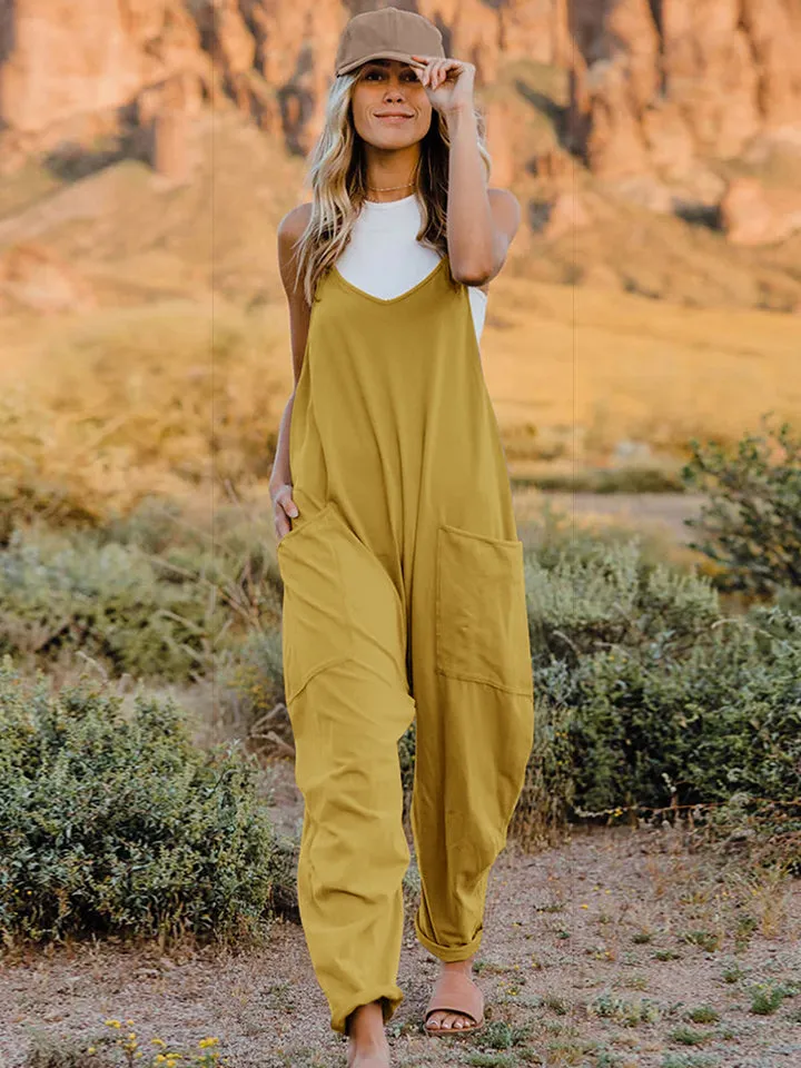 Double Take Plus Size ärmelloser Jumpsuit mit V-Ausschnitt und Taschen