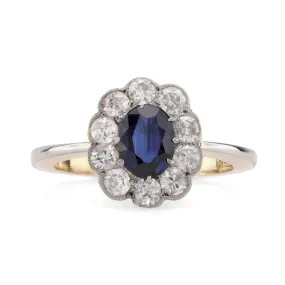 Edwardian Style Sapphire Diamond 18K Yellow Gold Cluster Ring