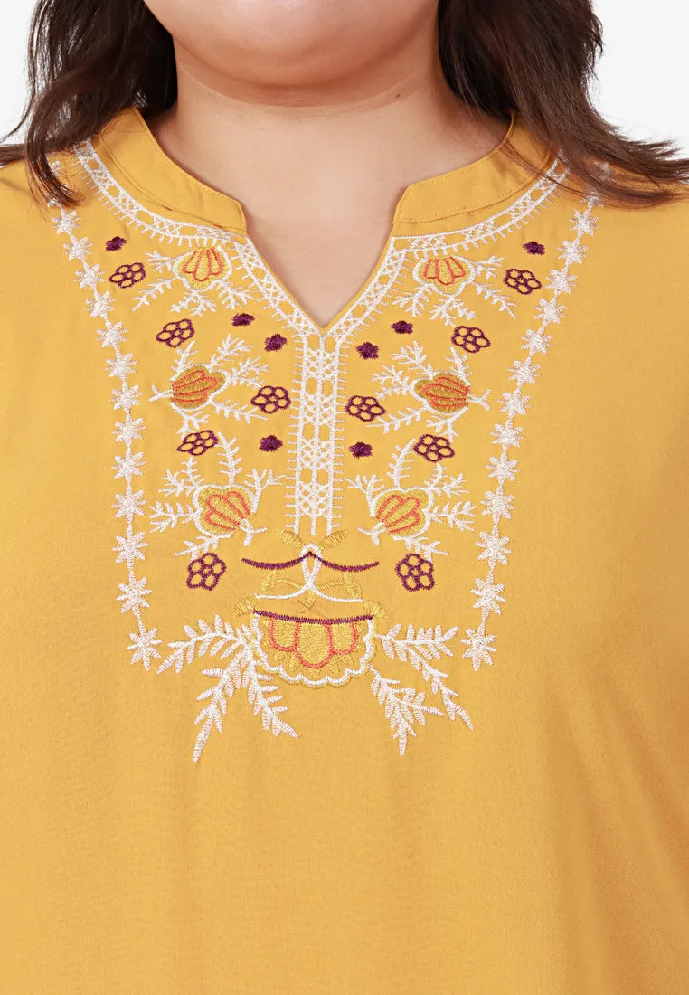 Emanie Embroidery Long Tunic Top - Yellow