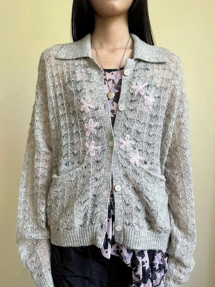 Flower Embroidery Collared Knit Cardigan