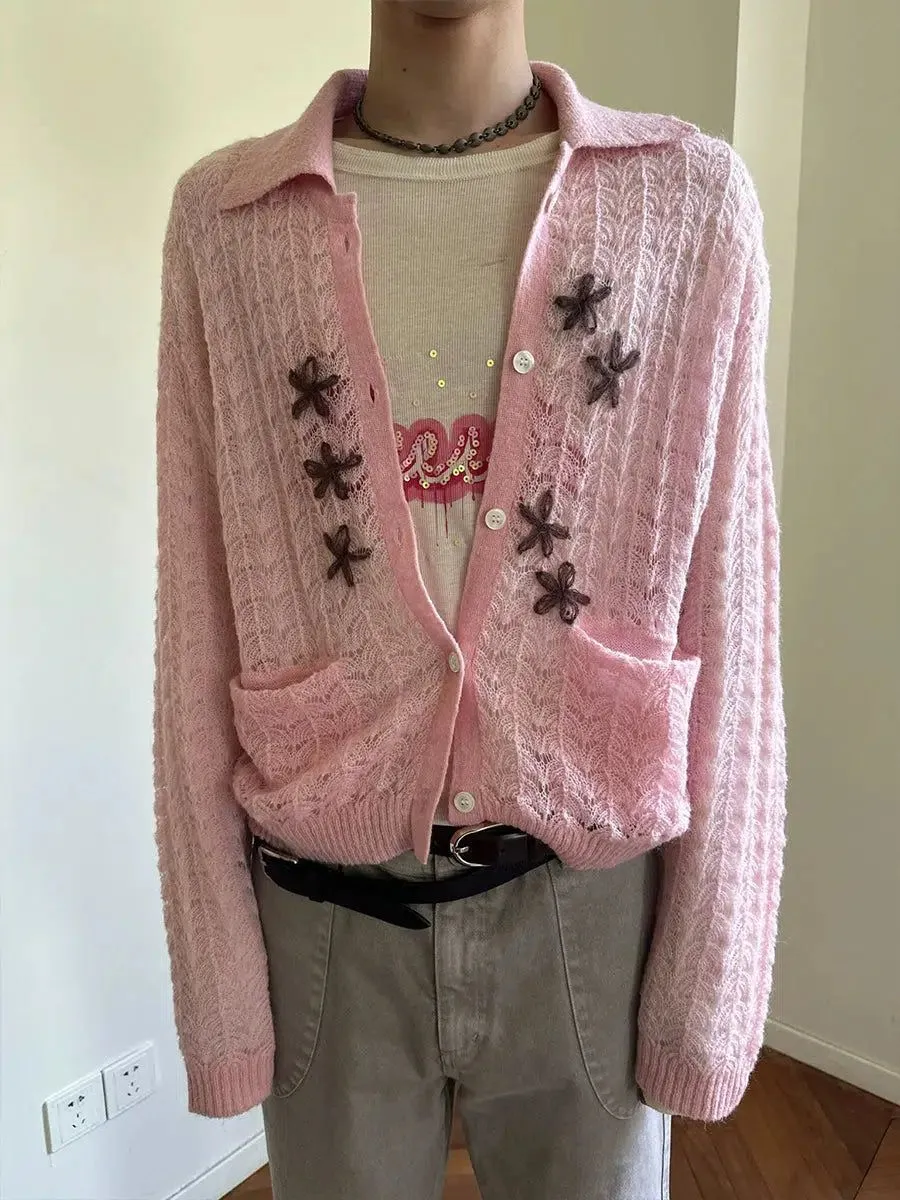 Flower Embroidery Collared Knit Cardigan